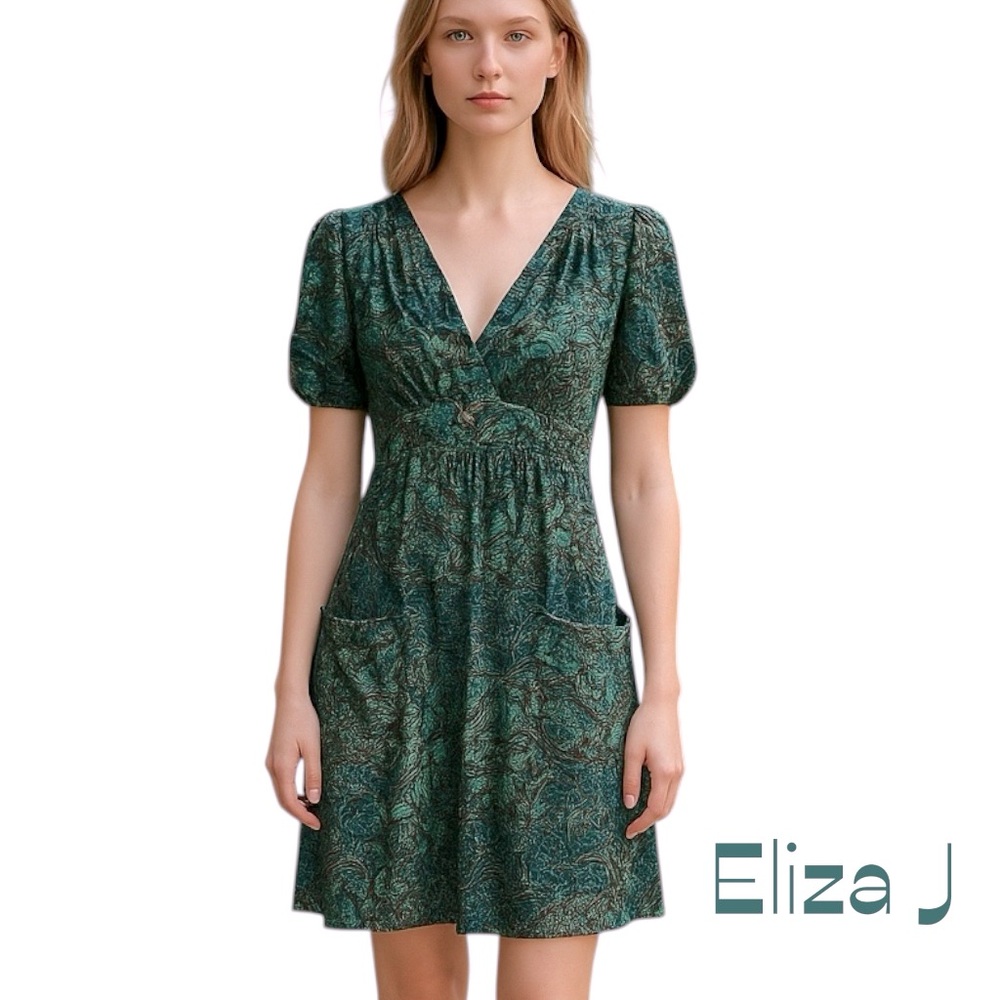 Eliza‎ J New York Teal Short Sleeve Bohemian Festival Dress NWOT Size 8